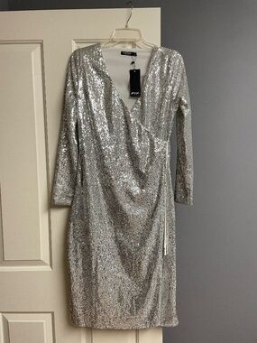 Nasty Gal Silver Sequin Wrap Midi Dress, Size 8, NWT